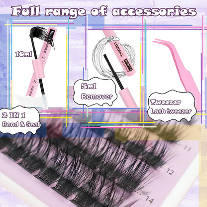 Lash Clusters Kit Fluffy 144Pcs Lash Clusters DIY Eyelash Extension Kit 80D Individual Lashes Clusters Kit With Lash Bond And Seal, Lash Remover, Lash Tweezers(80D, 9-16mm, Kit)