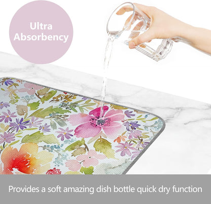 SHIYUE Dish Drying Mat for Kitchen Counter Super Absorbent Spring Kitchen Decor Microfiber Drying Matainers Rack Fast Pad Dish Drainer Mats(Watercolor Floral,18''x24'')