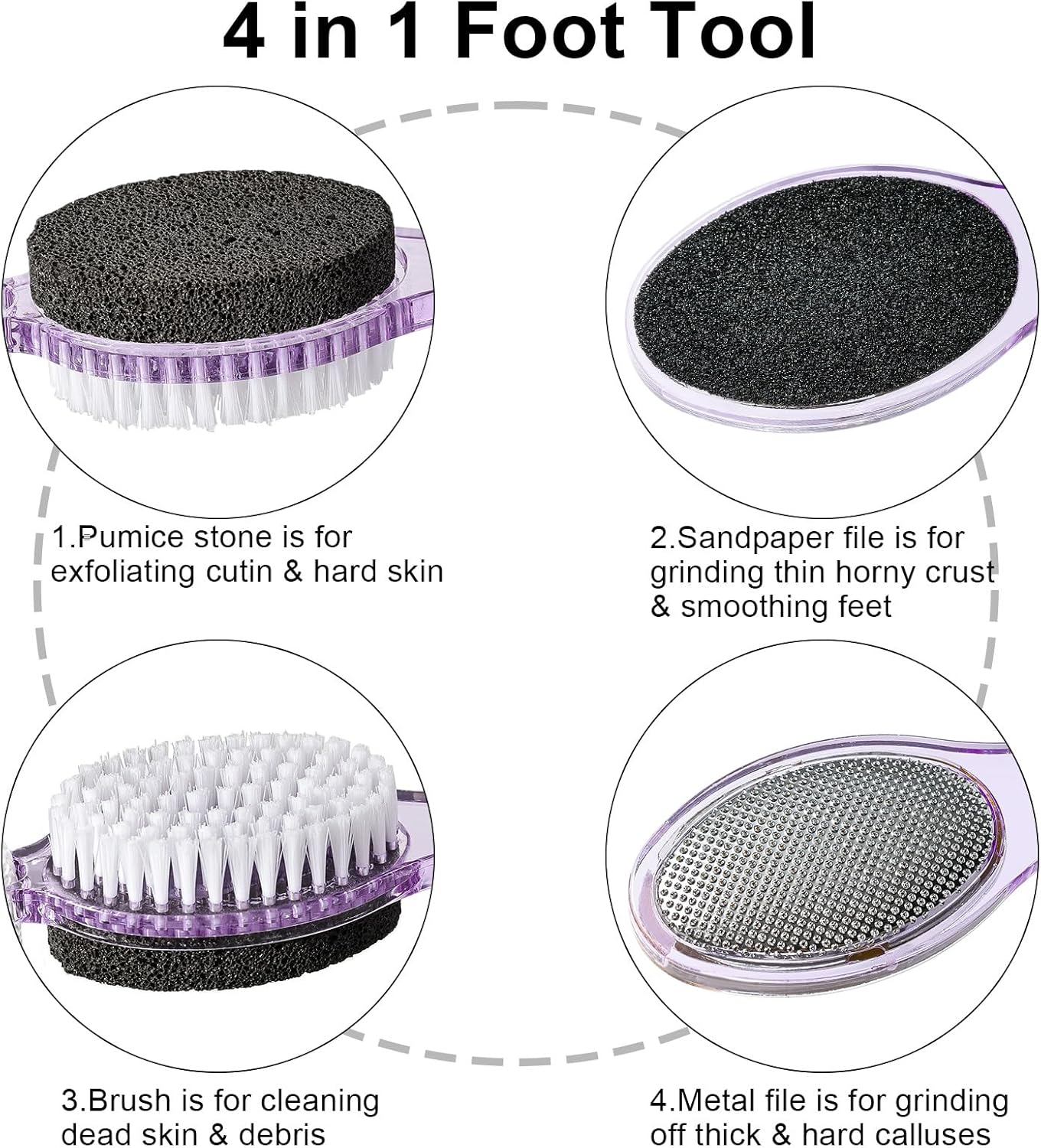 Pumice Stone Brush for Feet 4 in 1, Foot File Callus Remover, Foot Rasp and Sand Paper Pedicure Tools with Handle, Shower Foot Scrubber, Soft Smooth Feet for Home Foot Care,2 Pack
