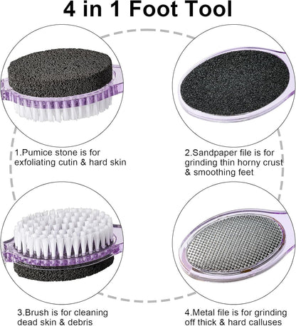 Pumice Stone Brush for Feet 4 in 1, Foot File Callus Remover, Foot Rasp and Sand Paper Pedicure Tools with Handle, Shower Foot Scrubber, Soft Smooth Feet for Home Foot Care,2 Pack