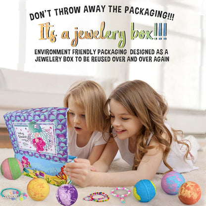 Bath Bombs for Kids with Surprise Inside, Mermaid Bath Bombs for Girls with Jewelry & Jewelry Box for Kids Organic, Skin Moisturizing, Natural Bubble, Birthday Gifts for Boys, Girls