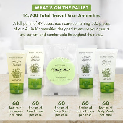Desert Breeze Hotel Soaps and Toiletries Bulk Set | 1oz Hotel Shampoo & Conditioner, Body Wash, Body Lotion & Bar Soap | Full Pallet 49 cases with 300 units each - 14,700 pieces