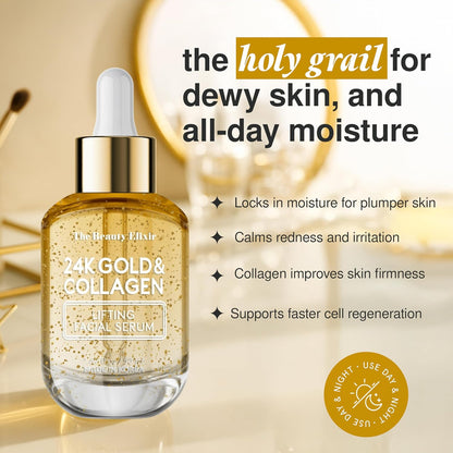 Collagen Serum For Face with 24k Gold - Dermatologist Tested - Anti Aging, Ultra Hydrating, Fine Lines & Wrinkle Treatment - Clean Beauty Korean Skin Care for All Skin Types - 1.69oz