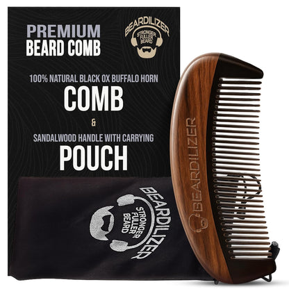 Beardilizer Premium Beard Comb for Men - 100% Natural Black Ox Buffalo Horn & Sandalwood Handle with Carrying Pouch, Professional Anti-Static Fine and Coarse Teeth