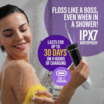 GuruNanda Compact Water Dental Flosser, Portable Travel Size Oral Irrigator Flosser with Collapsible 180 ml Tank, Smart Timer, 4 Flossing Modes, TSA-Approved - Black