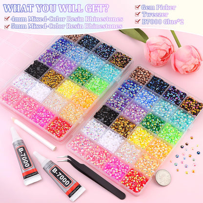 2 Boxes Jelly Rhinestones for Bedazzling, 19200Pcs 4mm & 5mm Multicolor Flatback Resin Gems for Crafting, Bedazzler Kit with 2Pcs 10ml B7000 Jewelry Glue for DIY Crafts Book Fabric Decor Nail Art
