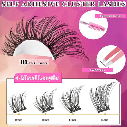 Self Adhesive Eyelashes Kit Wispy Eyelash Extension Self Adhesive Lashes Reusable Press on Lashes No Glue Needed Lash Clusters 10-16mm D Curl Pre Glued Eyelashes Clusters(A01,110Pcs)