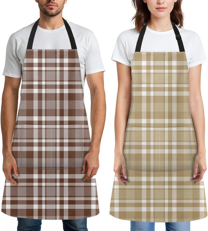 Britimes 2 Pack Aprons, Plaid Check Tartan Adjustable Bib Aprons with 2 Pockets for Women Men Couple Lovers Chef Home Kitchen Cooking Baking Gardening Champagne Khaki Brown Apron 32x28 Inches