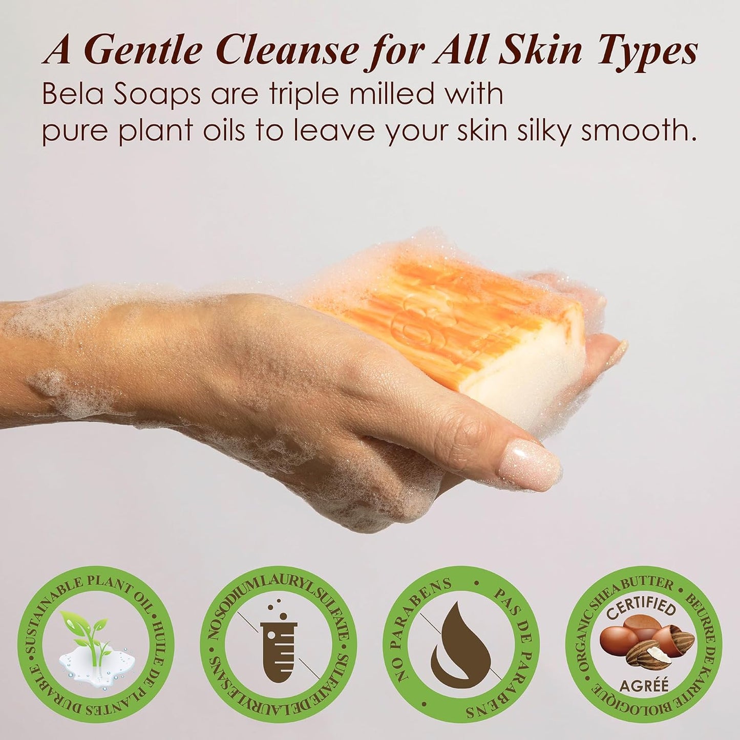 BELA Orange Zest Soap 3.3 OZ Pack of 12, Long Lasting French Triple Milled Bar Soap with Organic Shea Butter, Hand, Face and Body Wash Bar, Made in Australia