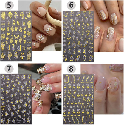 8 Sheets Gold Flower Nail Stickers - 3D Self-Adhesive Leaf Art Decals for Spring Designs - Manicure Decorations for Women, Style8