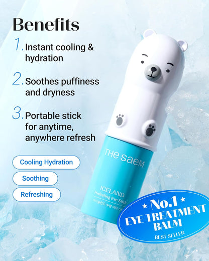 THESAEM Iceland Hydrating Eye Stick - Cooling Balm - Dark Circles & Puffiness – Under Eye Treatment - Reduce Wrinkles and Moisturizing - Minimize Dark & Puffy Eyes - Aqua Scent, 0.38 oz