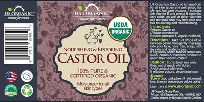 US Organic Castor Oil, USDA Certified Organic,Expeller Pressed, Hexane Free, 100% Pure & Natural moisturizing and emollient properties, For Skin, Hair Care, Eyelashes, DIY projects (8 oz (240 ml))
