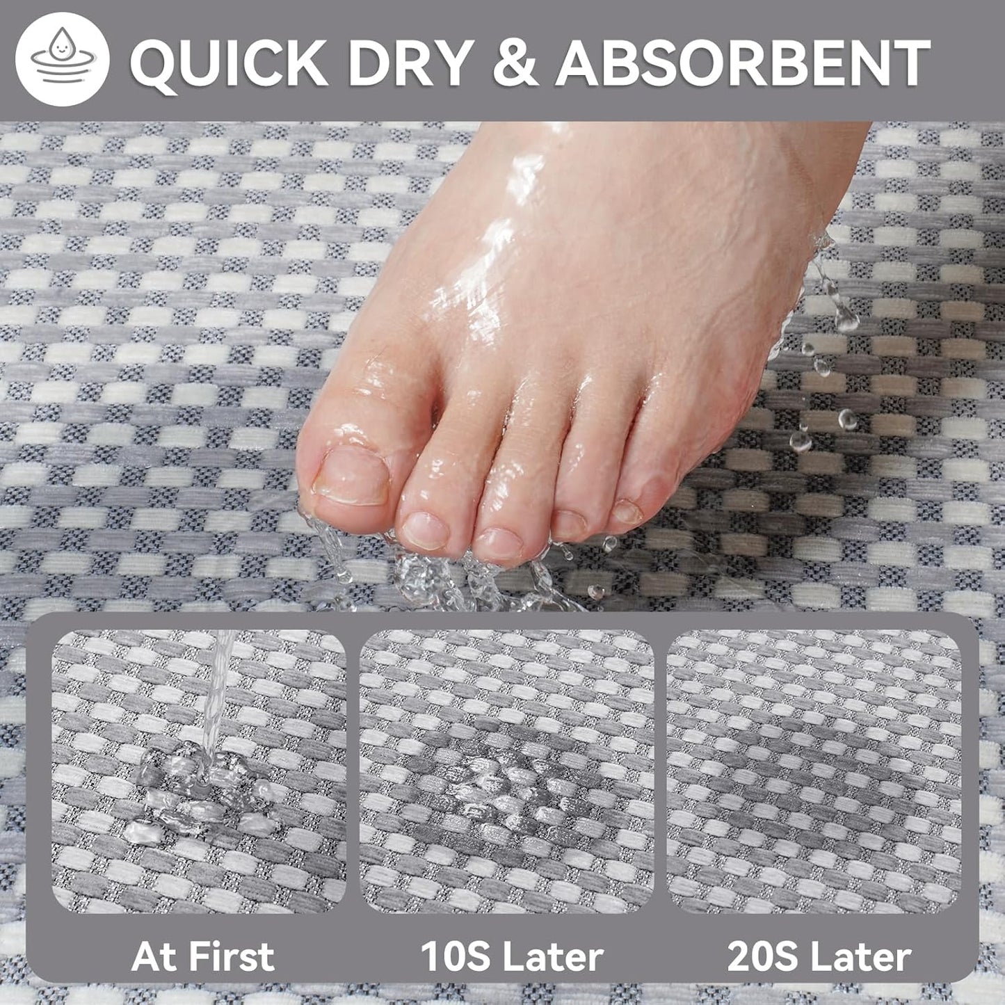 Non Slip Bath Mat Bathroom Rugs, Soft Braided Ultra Thin Bath Mats, Super Absorbent Quick Dry Bath Rug Shower Mat, Rubber Backing, Fit Under Door Bathroom Floor, Machine Washable, Gray 16" x 24"