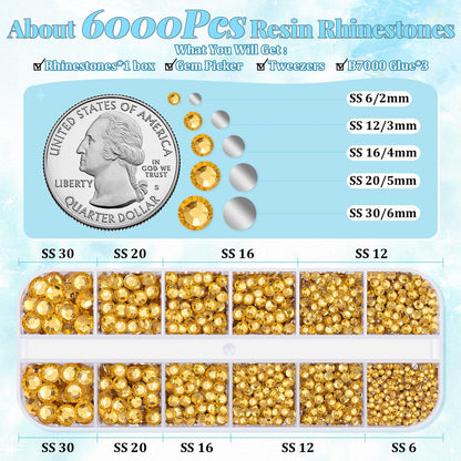 6000Pcs Resin Rhinestones for Bedazzling with 3Pcs B7000 Jewelry Glue, 1 Box Golden Flatback Rhinestones for Crafting Crafts DIY, Crystals Gems for Clothing Shoes Tumblers Nail Art Makeup