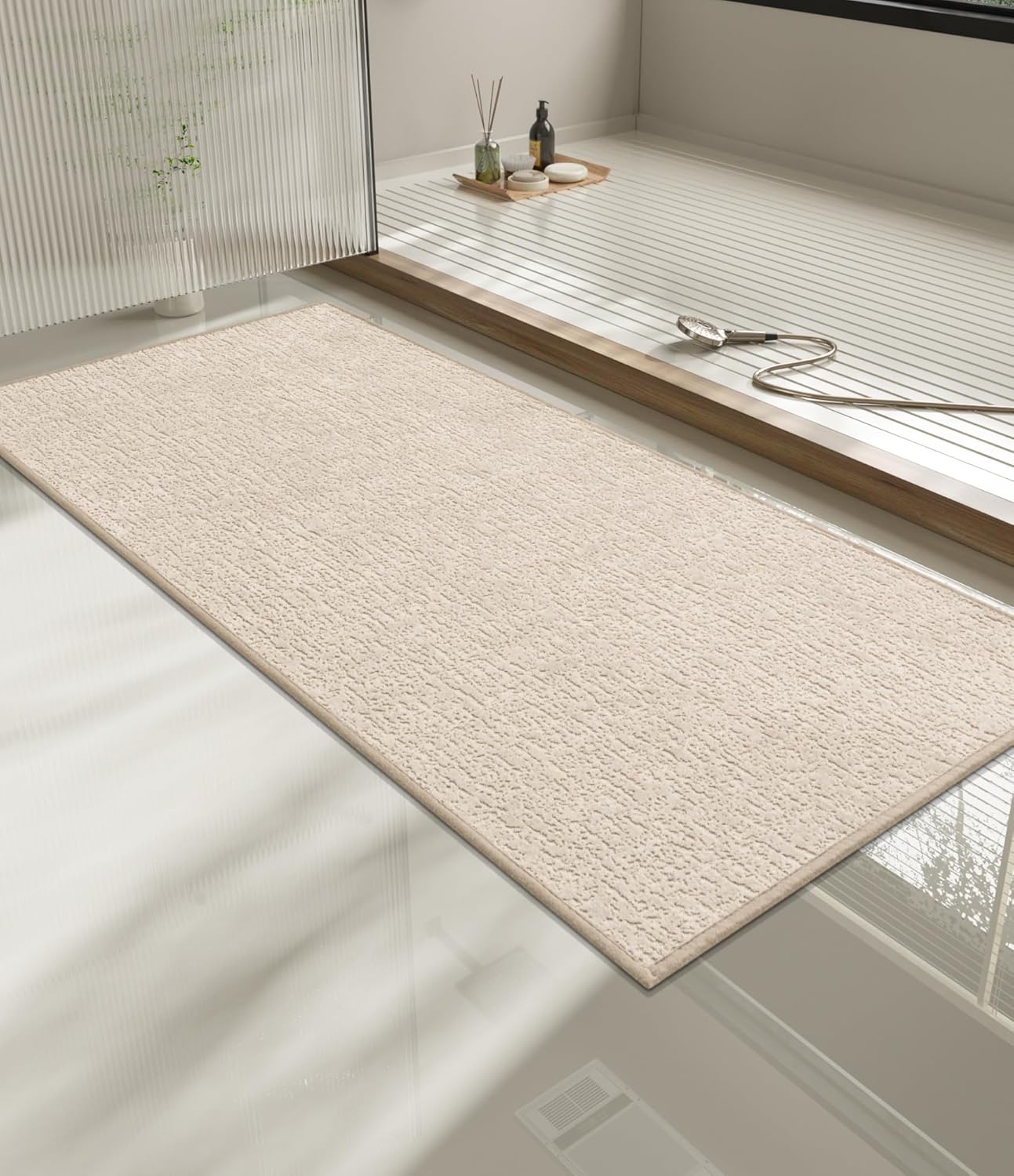 chakme Bathroom Rugs Mat 59x24, Ultra Thin Non Slip Bath Mat Quick Dry Absorbent Bath Mat for Bathroom Floor, (Light Beige, 59"x24")