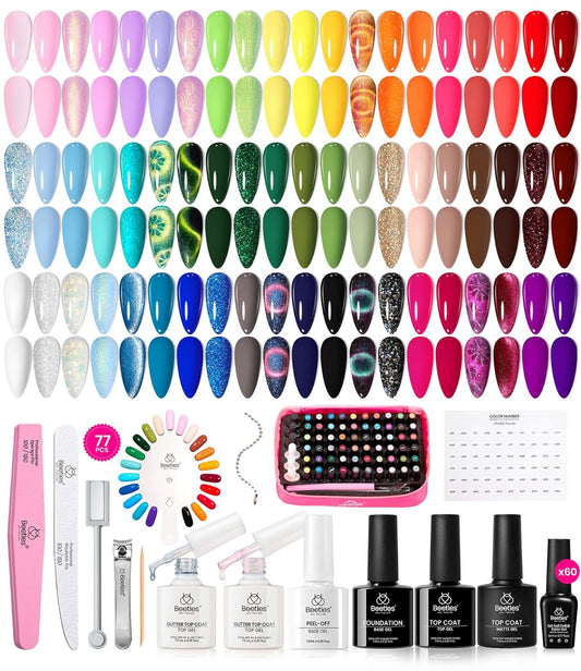 Beetles Gel Nail Polish Set 77 Pcs 60 Colors Cat Eye Gel Nail Kit Fall Winter Red Nude White Polish Nail Kit with Base Top Coat UV DIY Art Tool Home Gifts for Women World Travel