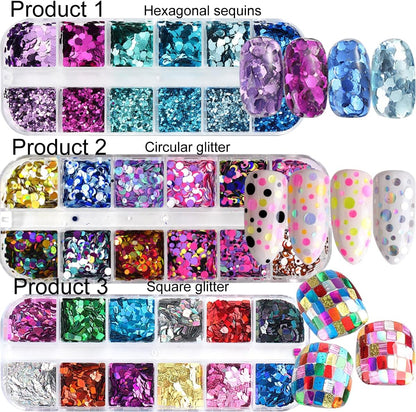 3 Boxes 36 Grids Holographic Nail Art Sequins Mermaid Hexagon Round Square Nail Glitter Decoration,DIY Chunky Holographic Supplies 3D Laser Flakes Sparkly Acrylic