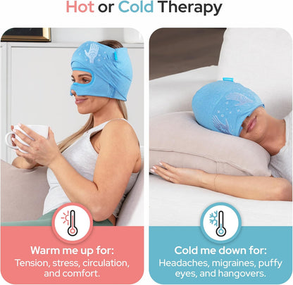 Migraine Relief Cap - Built-in Slide-Up Eye Mask - Natural Headache Relief - 360° Compression Hangover Hat with Cooling Gel for Tension and Stress