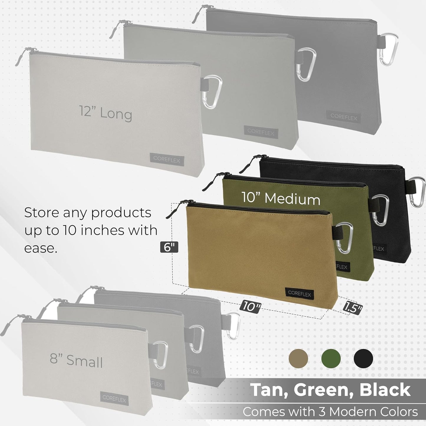 COREFLEX Premium Tool Pouch Zipper Bag, Small Tool Bag, Multipurpose Storage pouch, Heavy duty Flat Bottom Tool bag with YKK Zipper (3 pack Medium 10inch)