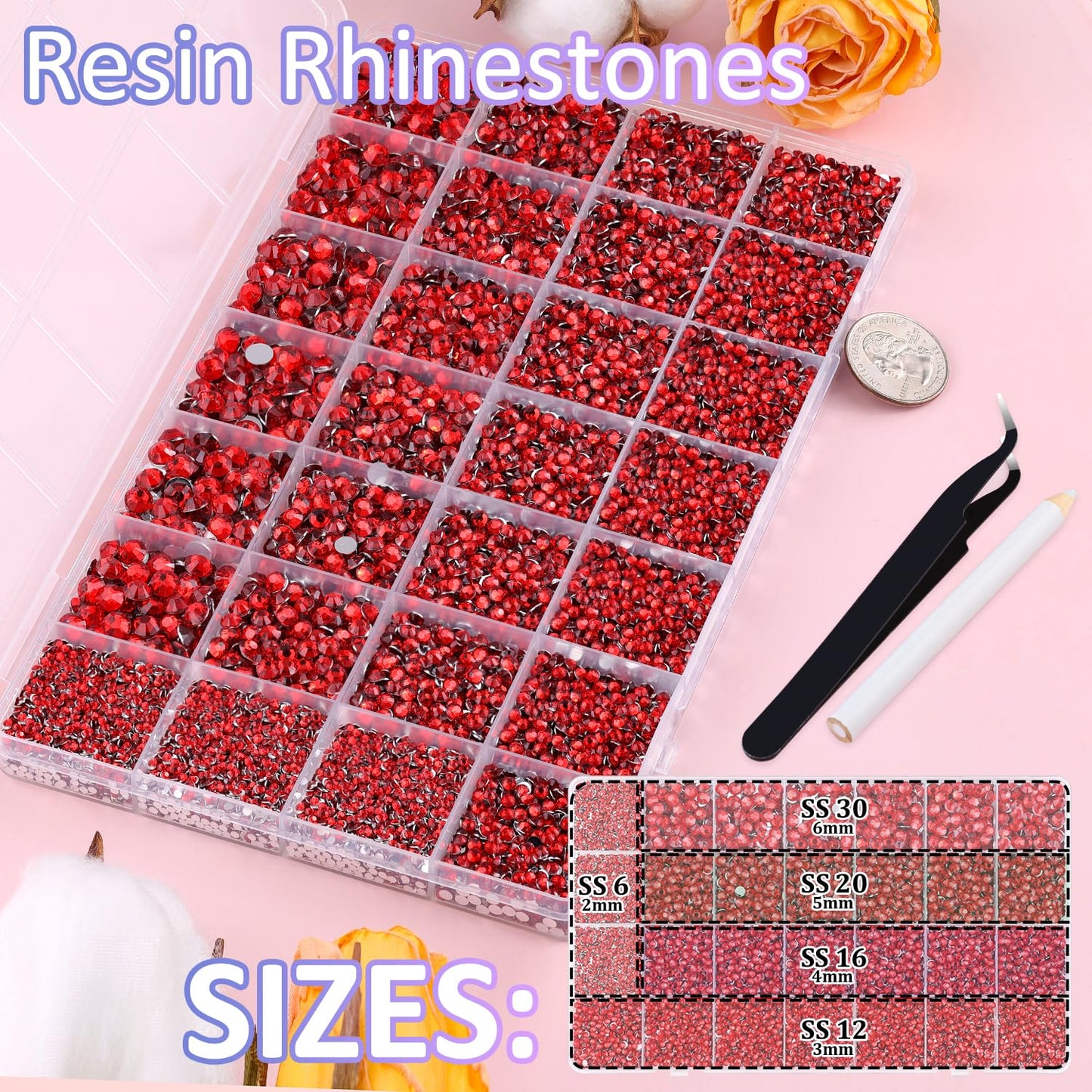30000Pcs Resin Rhinestones for Bedazzling with Tweezers, Red Rhinestones for Crafting with B7000 Jewelry Glue for DIY Crafts Clothing Tumblers Shoes Fabric Nail Art