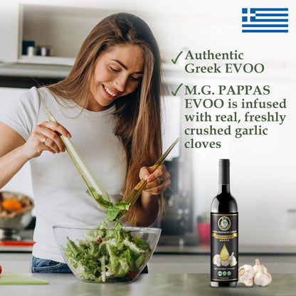 M.G. PAPPAS High Polyphenol Rich Garlic Infused Olive Oil - Extra Virgin Olive Oil Polyphenol Lab Report 650mg/kg - Cold Pressed & Unfiltered - High Hydroxytyrosol Greek Olive Oil - Award Winning