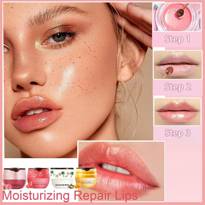 4 PCS Bee Lip Balm Honey Pot, Honey Coconut Watermelon Peach Sleeping Lip Mask Overnight with Sticks, Exfoliating Prevention Dry and Crack Lip Scrubs