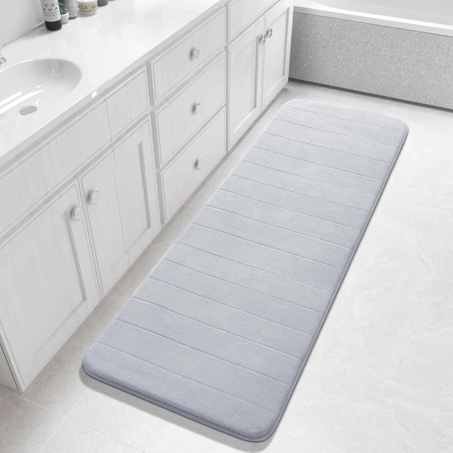Yimobra Bathroom Runner 60"x24", Non Slip Memory Foam Bath Mat, Super Soft Water Absorbent Hallway Carpet, Machine Washable Rug for Vanity Tub Shower, Silver