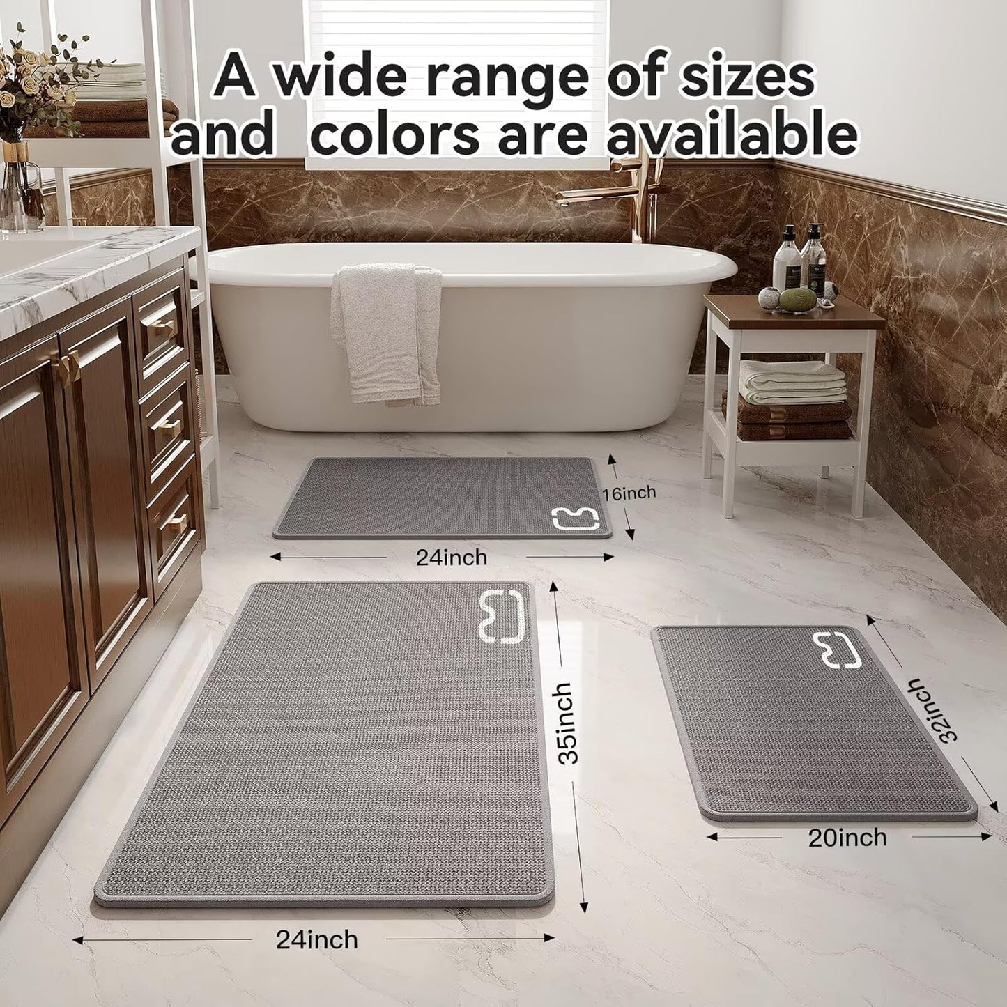 Non Slip Bath Mat Bathroom Rugs, Rubber Backing Braided Ultra Thin Bath Mats, Super Absorbent Quick Dry Bath Rug Shower Mat, Bathroom Floor Mat Fit Under Door, Machine Washable, Gray 24" x 35"