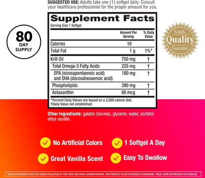 MegaRed Antarctic Krill Oil 750mg, Omega 3 Fatty Acid Supplement, Ultra Concentrate EPA & DHA Softgels, Antioxidant Astaxanthin, Heart Health Supplement with No Fish Oil Aftertaste, 80ct