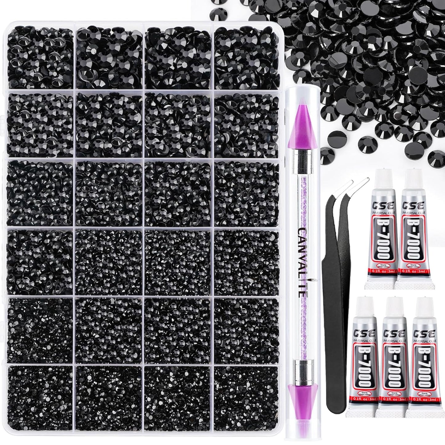 Canvalite 25000PCS Resin Jelly Rhinestones for Crafting, Black Flatback Gems, Bedazzling Crystal with 5x2.5g B7000 Jewelry Glue and Tweezers Dotting Pen for DIY Crafts Clothing Shoes Nail Art