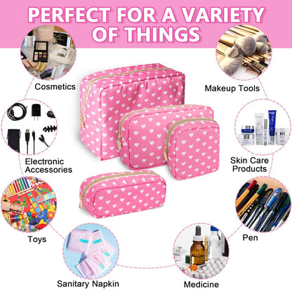Small Pencil Case Makeup Bag for Purse, Cute Pencil Pouch Preppy Nylon Makeup Brush Bag with Zipper , Girls Portable Stationery Storage Case Small Pen Bag for Office School College(Slim-Pink Heart)