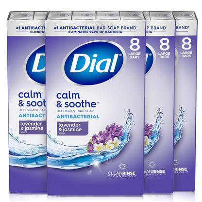 Dial Antibacterial Bar Soap, Calm & Soothe, Lavender & Jasmine Scent, 4 oz, 8 Bars Pack of 4