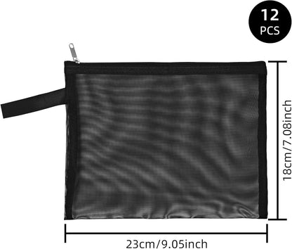 12 Psc Mesh Zipper Pouch Bags,Small Comestic Makeup Bage For Travel, Purse Organizer Pouches (Black, A5*12)
