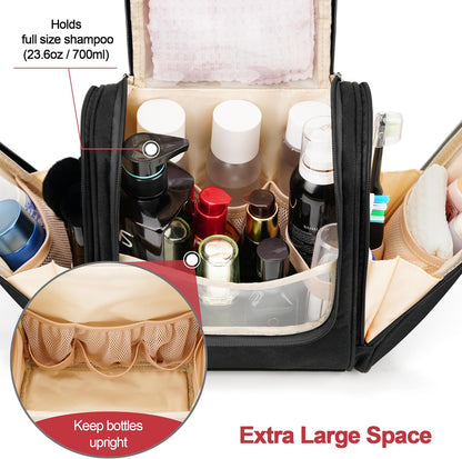 Travel Hanging Toiletry Bag for Women and Men, 6 Organizer Compartments, Holds Full Size Bottles, Extra Large Cosmetic Accessories, Makeup essentials, Bathroom Water-resistant Toiletries Bag, Black