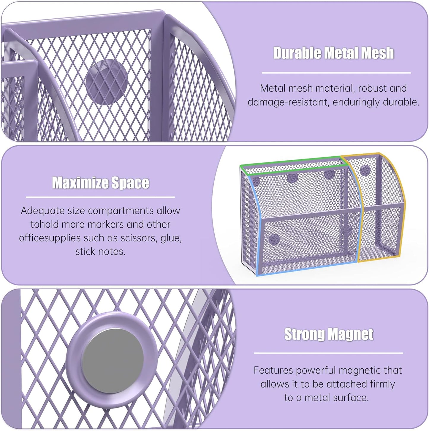 YINGHUA Strong Magnetic Pen Holder for Whiteboard and Refrigerator 3 Compartments Metal Mesh Organizer Space Saving Shelf for Office School Home and Locker - Purple