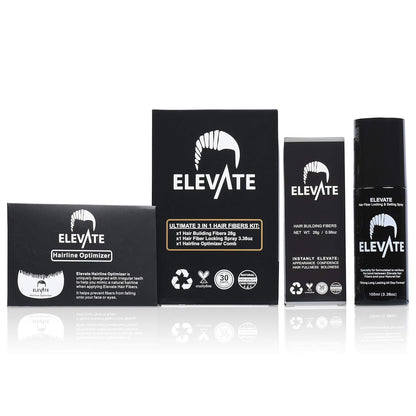 Elevate Hair Building Fibers 3-in-1 Kit for Thinning Hair (Black) Keratin Hair Thickening Powder with Fiber Lock Spray & Hairline Optimizer Comb - Instant Hair Concealer Waterproof for Men & Women