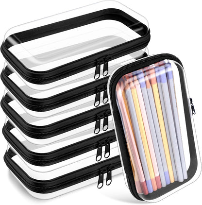 Sanwuta 6 Pcs Clear Hard Zipper Case Pencil Pouches Hard Plastic Zipper Pouches Makeup Bag Transparent Cases for Snacks Plastic Storage Organizer Box for Travel(Black,7.48 x 3.94 x 2 Inch)