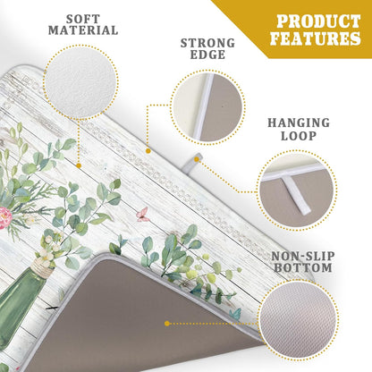 Fern Leaf Vase Dish Drying Mat 18x24 Inch Eucalyptus Leaves Microfiber Absorbent Dish Drainer Mat Reversible Drying Pad for Kitchen Counter Sink