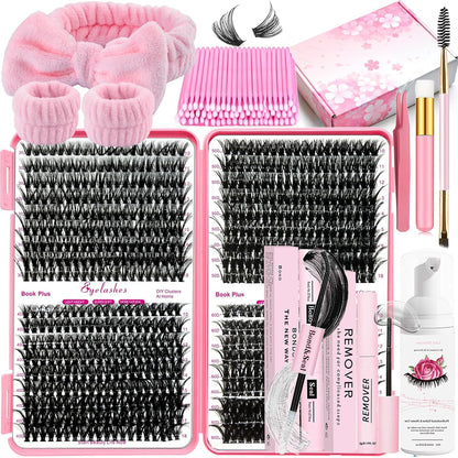 DIY Lash Extension Kit 720Pcs 10-18mm D Curl Lashes Clusters with Lash Bond and Seal Glue Remover Lash Shampoo Cleansing Brush Headband Wristband Tweezers Eyelash Brush Applicator