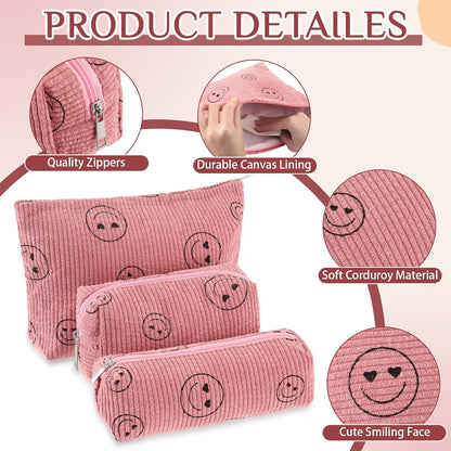 3 Pcs Makeup Bag Set for Women Corduroy Cosmetic Pouch Aesthetic Smile Travel Toiletry Bag Cute Purse Pouch Pencil Case Makeup Brushes Storage Organizer for Christmas(Pink,Smile Face)