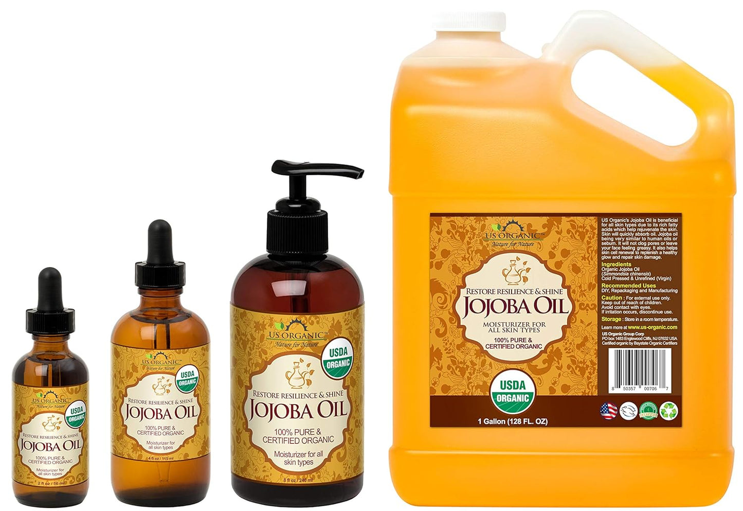 US Organic Jojoba Oil, USDA Certified Organic,100% Pure & Natural, Cold Pressed Virgin, Unrefined, Haxane Free, Sourced from Middle East directly (Large (8oz, 240ml))