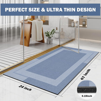 Non Slip Long Bath Mat Bathroom Runner, Rubber Backing Ultra Thin Bathroom Rugs Fit Under Door Quick Dry Super Absorbent Washable Bath Rug Shower Mat for Bathtub Sink Floor, Blue 24"x48"