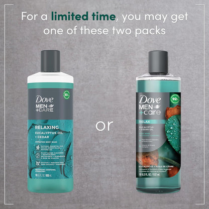 DOVE MEN + CARE Body 4 Count Wash Eucalyptus + Cedar Oil to Rebuild Skin in the Shower with Plant-Based Cleansers and Moisturizers 18 oz
