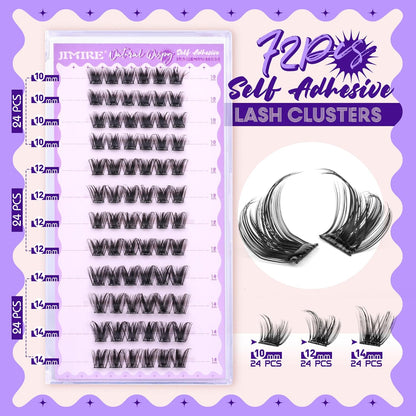 JIMIRE Self Adhesive Eyelashes Manga Lash Clusters Natural Look 10-14MM Wispy Pre Glued Lashes Clusters No Glue Needed D-Curly Natural Cluster Lashes Reusable Invisible Band Press on Lashes