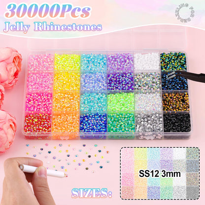 30000Pcs Resin Rhinestones for Bedazzling with B7000 Jewelry Glue, 3MM Colorful Gems Flatback Rhinestones for Crafting, Crystal for DIY Crafts Clothing Tumblers Mugs Shoes Fabric Decor Nail Art