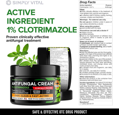 SimplyVital Antifungal Cream with Clotrimazole 1% - Foot Skin Fungus Treatment Extra Strength for Humans - Anti fungal Treatment for Ringworm, Jock Itch & Athlete’s Foot – Made in USA – 2 oz
