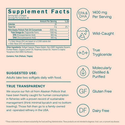 True Grace Omega-3 Fish Oil - 180 Softgels - 1400 mg EPA + DHA - Brain, Heart, Joint & Immune Health - Organic, Gluten Free, Soy Free