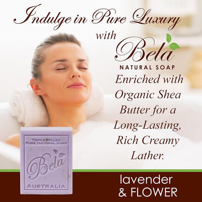 BELA Lavender Soap Bars 3.3 OZ Pack of 6, French Triple Milled Bar Soap with Organic Shea Butter, Lavender and Flower Scented Soap, Made in Australia