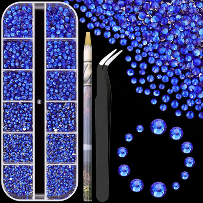 3600pcs Glass Royal Blue Nail Rhinestones 6 Sizes(1.8/2/2.4/2.8/3/4mm) Flatback Crystal Nail Charms Jewels Decoration for Nail Art and Crafting, Tweezer and Pickup Pen included