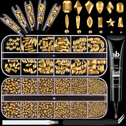 3220Pcs Mineral Gold Glass Nail Rhinestones 120Pcs Multi Shapes Flatback Nail Gems + 3100Pcs 1.5-4mm Round Crystal with Rhinestones Glue Gel, Manicure Nail Charms Diamond Gemstone for Nail Art